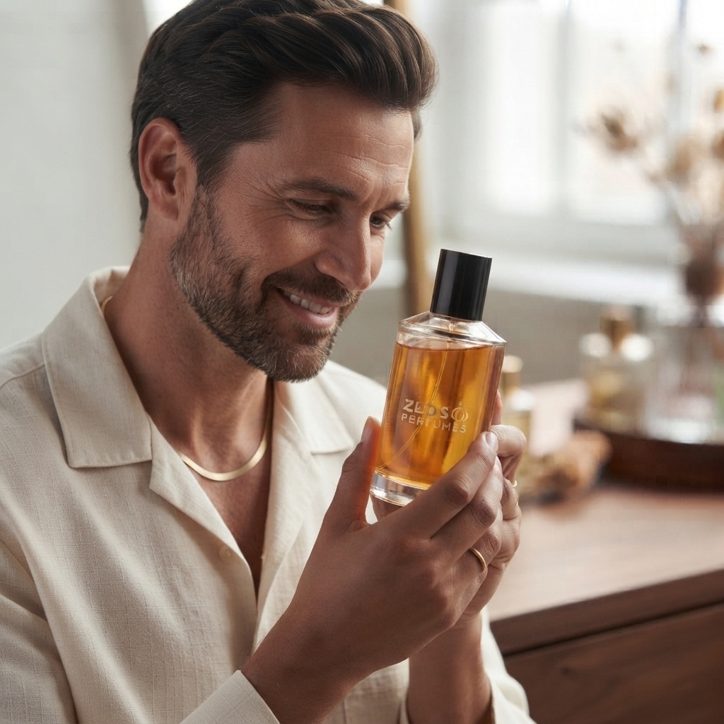 A man in linen holding a bottle of Abdulrahman eau de parfum