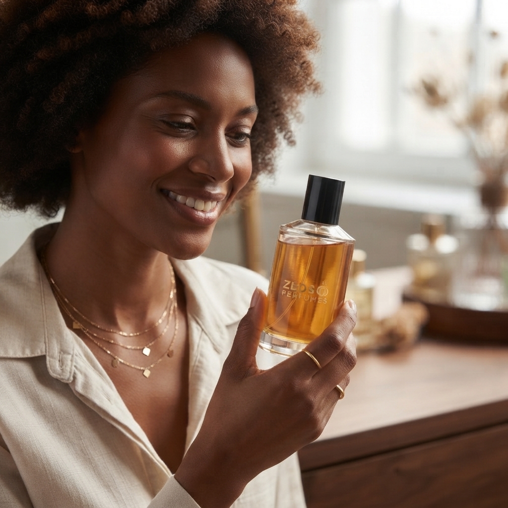 A woman smiling as she holds a bottle of Abdulrahman eau de parfum
