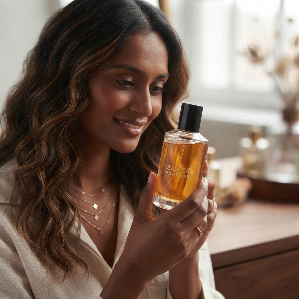 A woman holding a bottle of Abdulrahman eau de parfum in morning light