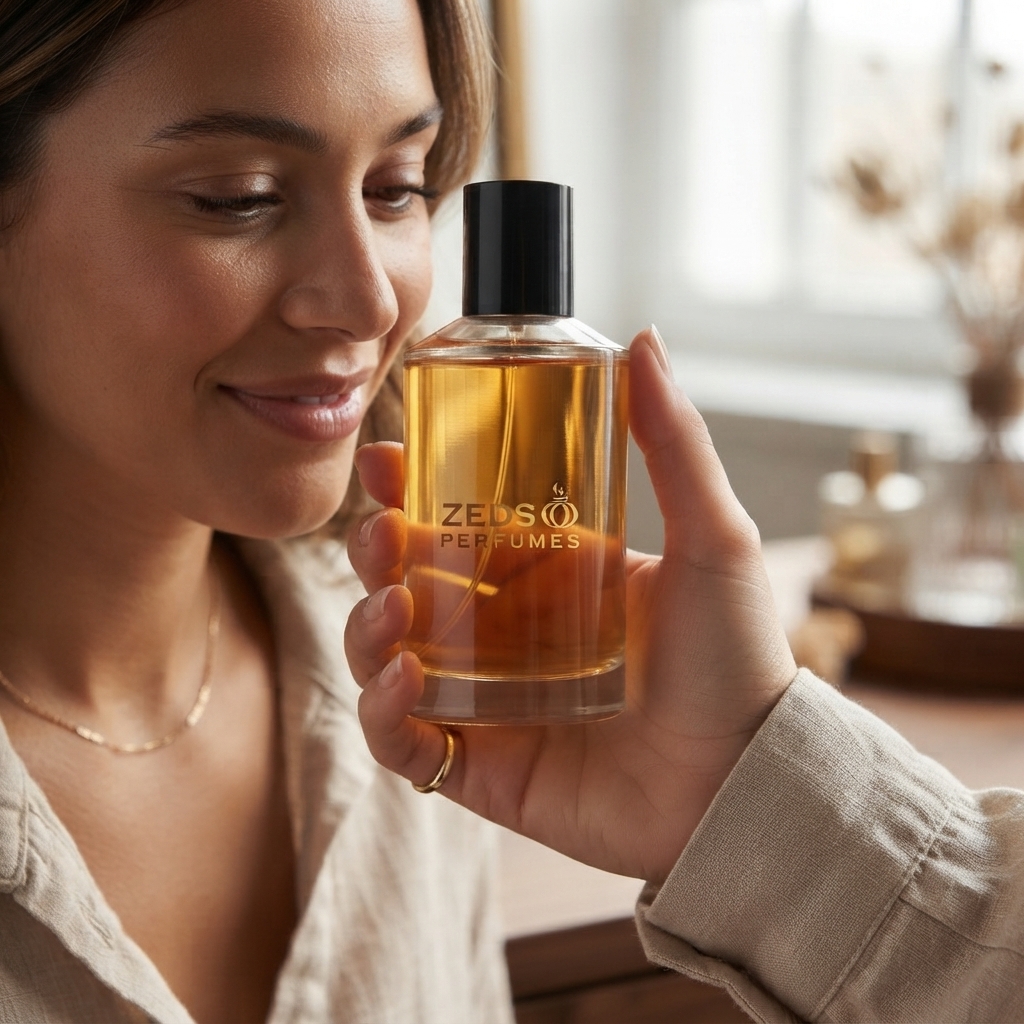 A woman holding a 50ml Abdulrahman eau de parfum in morning light