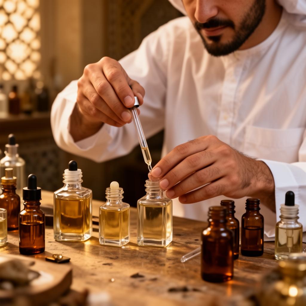 Perfumer blending fragrance oils with a glass dropper