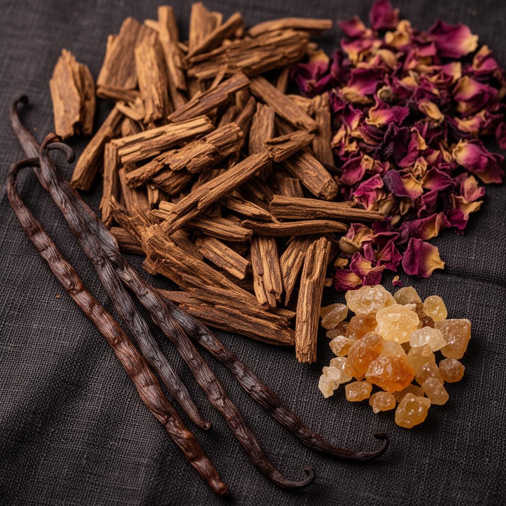 Oud wood, dried roses, vanilla pods and amber resin