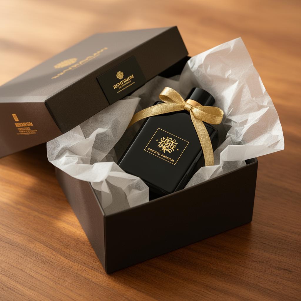 Black perfume bottle being placed into a gift box