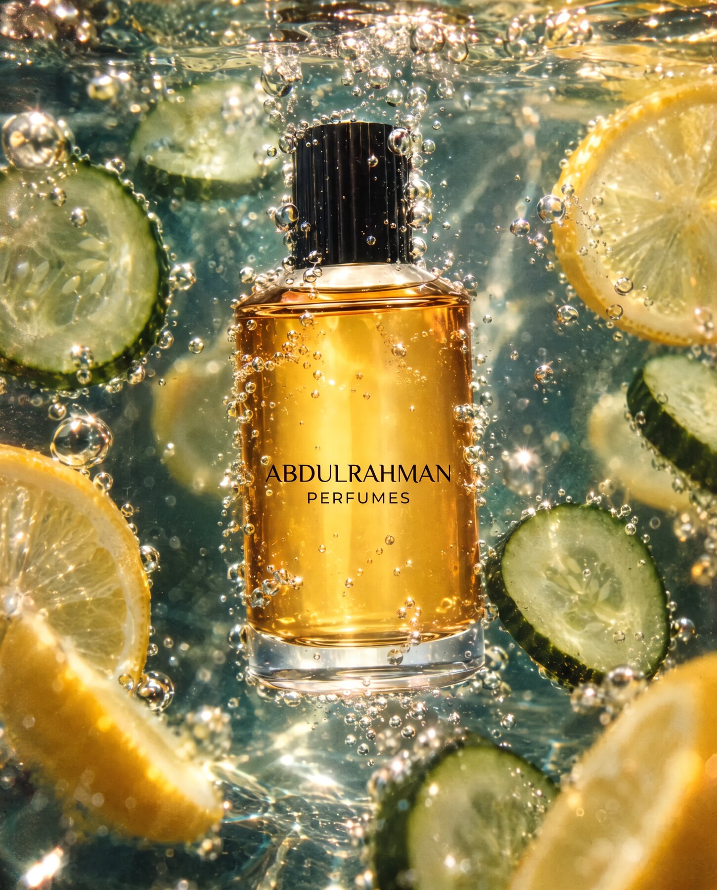 Abdulrahman Perfumes house bottle surrounded by fresh citrus and cucumber underwater